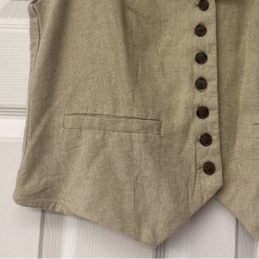 Tan beige v neck button front linen blend waistcoat vest — fully lined material - Picture 4 of 4